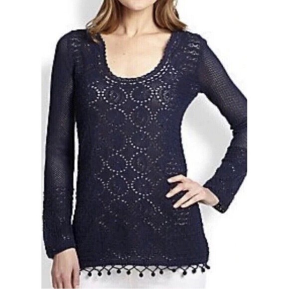 LILLY PULITZER Athena Tunic Size M Navy Crochet Long Sleeve Sheer Resort Beach - Picture 11 of 11